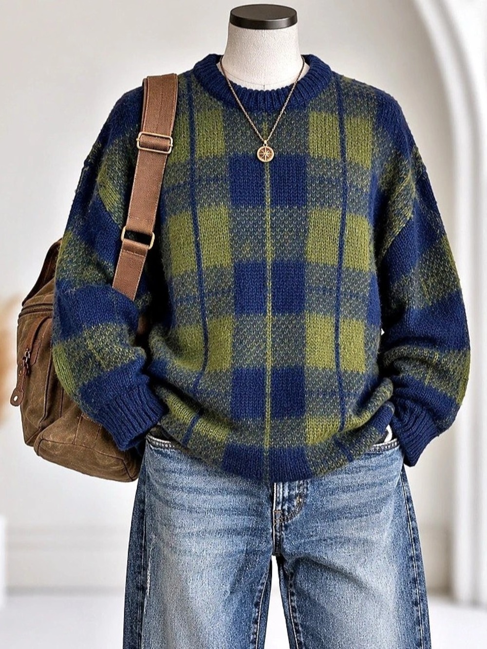 Knit Theory Plaid Crewneck Sweater in Blue & Green Size Small